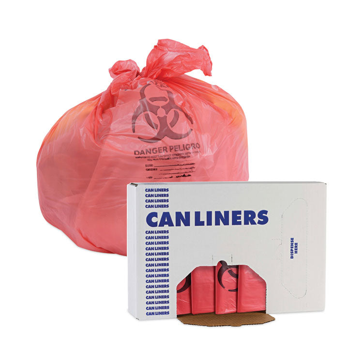 Linear Low Density Health Care Trash Can Liners, 33 gal, 1.3 mil, 33" x 39", Red, Flat Pack, 150/Carton
