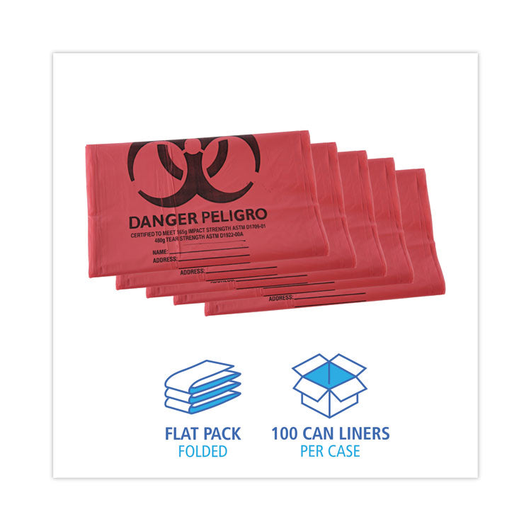 Linear Low Density Health Care Trash Can Liners, 45 gal, 1.3 mil, 40" x 46", Red, Flat Pack, 100/Carton