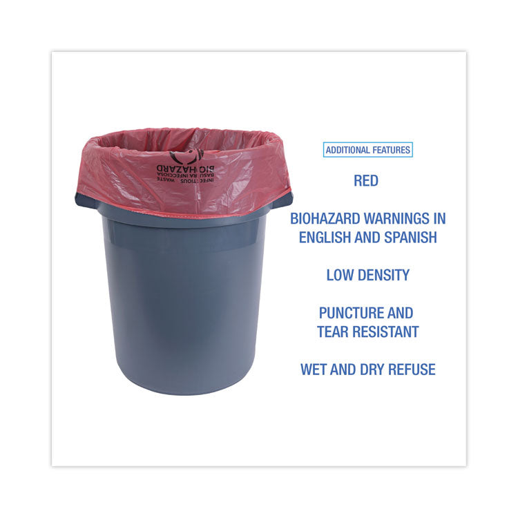 Linear Low Density Health Care Trash Can Liners, 45 gal, 1.3 mil, 40" x 46", Red, Flat Pack, 100/Carton