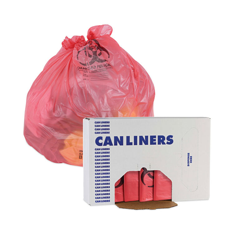 Linear Low Density Health Care Trash Can Liners, 45 gal, 1.3 mil, 40" x 46", Red, Flat Pack, 100/Carton