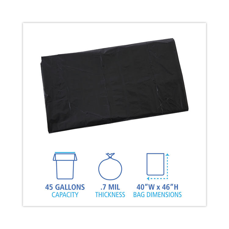 Linear Low Density Industrial Can Liners, 45 gal, 0.7 mil, 40" x 46", Black, Flat Pack, 100/Carton