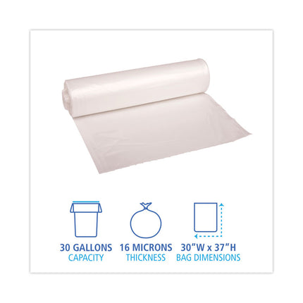 High Density Industrial Can Liners Coreless Rolls, 30 gal, 16 mic, 30" x 37", Natural, Perforated, 25 Bags/Roll, 20 Rolls/CT