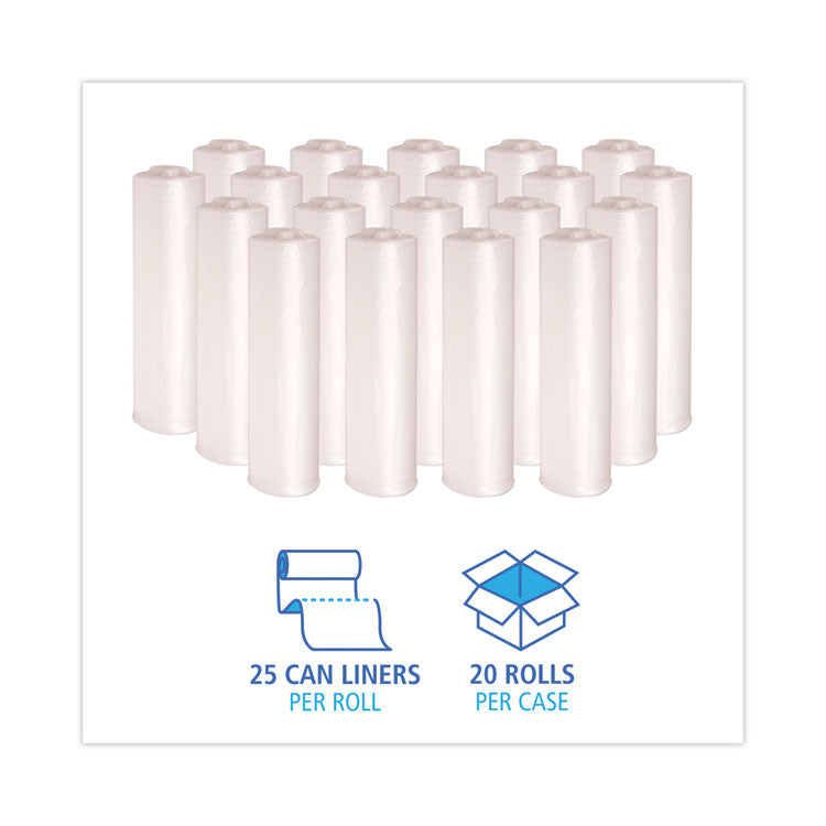 High Density Industrial Can Liners Coreless Rolls, 30 gal, 16 mic, 30" x 37", Natural, Perforated, 25 Bags/Roll, 20 Rolls/CT