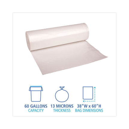 High Density Industrial Can Liners Coreless Rolls, 60 gal, 13 mic, 38" x 60", Natural, Perforated, 25 Bags/Roll, 8 Rolls/CT