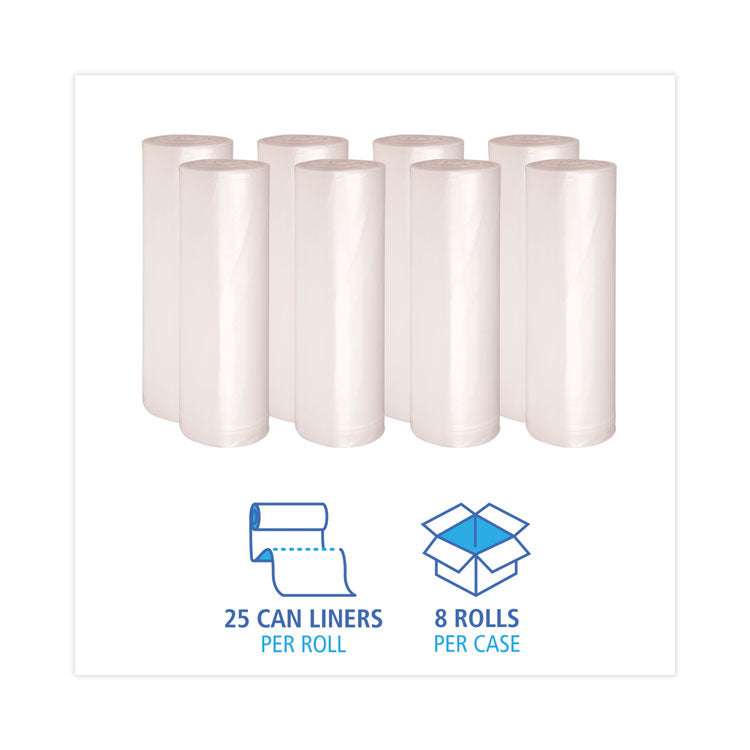 High Density Industrial Can Liners Coreless Rolls, 60 gal, 13 mic, 38" x 60", Natural, Perforated, 25 Bags/Roll, 8 Rolls/CT