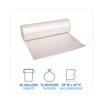 High Density Industrial Can Liners Coreless Rolls, 60 gal, 16 mic, 38" x 60", Natural, Perforated, 25 Bags/Roll, 8 Rolls/CT