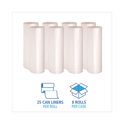High Density Industrial Can Liners Coreless Rolls, 60 gal, 16 mic, 38" x 60", Natural, Perforated, 25 Bags/Roll, 8 Rolls/CT