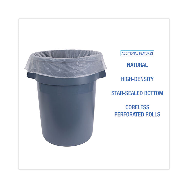 High Density Industrial Can Liners Coreless Rolls, 60 gal, 16 mic, 38" x 60", Natural, Perforated, 25 Bags/Roll, 8 Rolls/CT