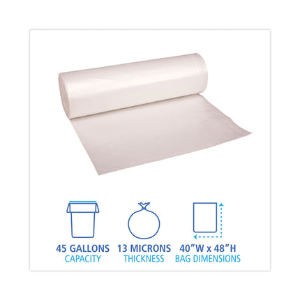 High Density Industrial Can Liners Coreless Rolls, 45 gal, 13 mic, 40" x 48", Natural, Perforated, 25 Bags/Roll, 10 Rolls/CT
