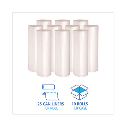 High Density Industrial Can Liners Coreless Rolls, 45 gal, 13 mic, 40" x 48", Natural, Perforated, 25 Bags/Roll, 10 Rolls/CT