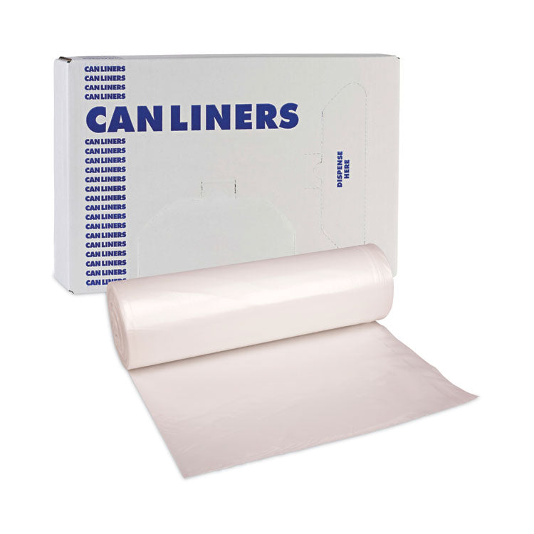 High Density Industrial Can Liners Coreless Rolls, 45 gal, 16 mic, 40" x 48", Natural, Perforated, 25 Bags/Roll, 10 Rolls/CT