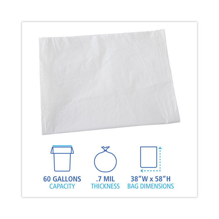 Linear Low Density Industrial Can Liners, 60 gal, 0.7 mil, 38" x 58", White, Flat Pack, 100/Carton