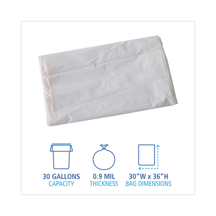 Linear Low Density Industrial Can Liners, 30 gal, 0.9 mil, 30" x 36", White, Flat Pack, 100/Carton