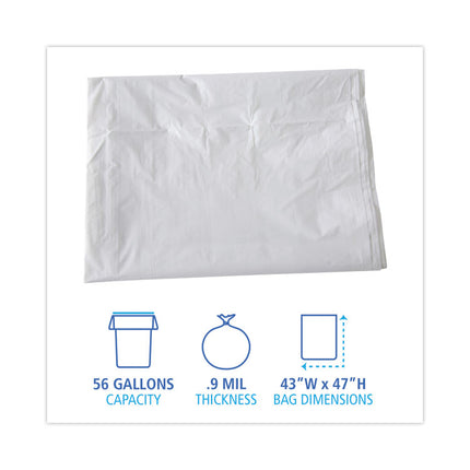 Linear Low Density Industrial Can Liners, 56 gal, 0.9 mil, 43" x 47", White, Flat Pack, 100/Carton