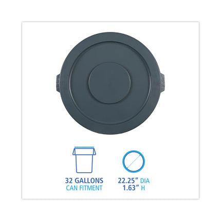 Lids For 32 Gal Waste Receptacle, Flat-Top, Round, Plastic, Gray