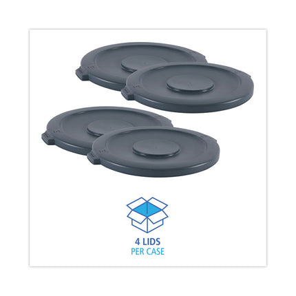 Lids For 44 Gal Waste Receptacles, Flat-Top, Round, Plastic Gray