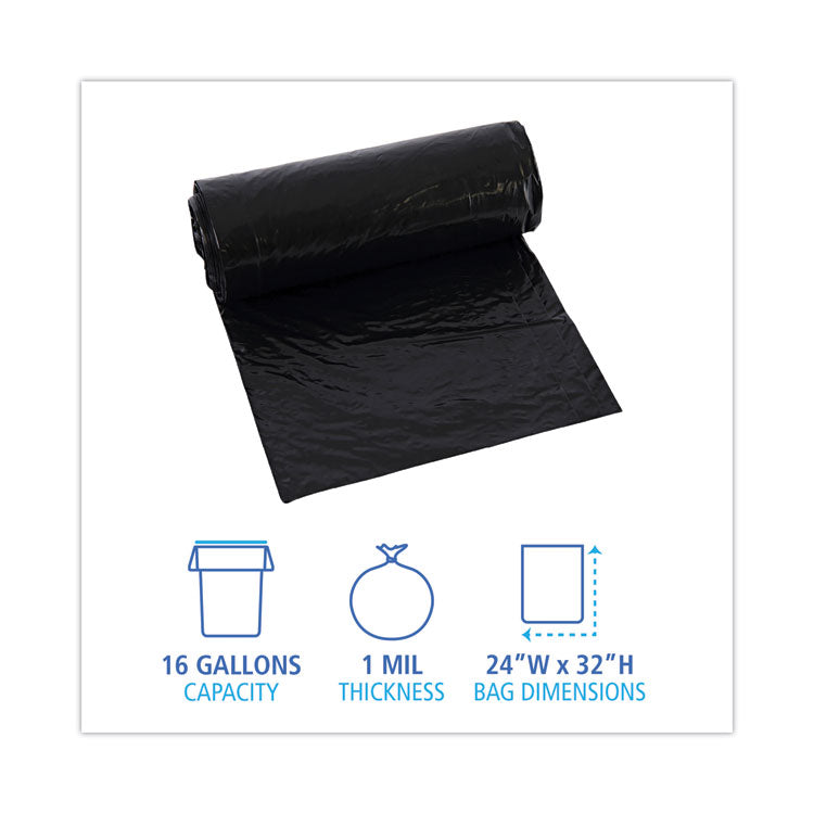 Low-Density Waste Can Liners, 16 gal, 1 mil, 24" x 32", Black, Perforated Roll, 10 Bags/Roll, 15 Rolls/Carton