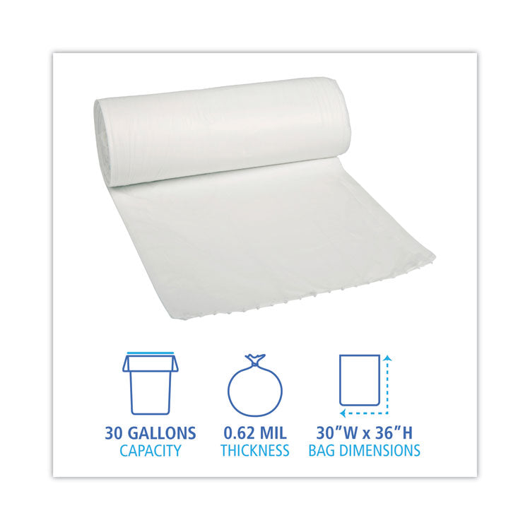 Low-Density Waste Can Liners, 30 gal, 0.5 mil, 30" x 36", White, Perforated Roll, 10 Bags/Roll, 20 Rolls/Carton