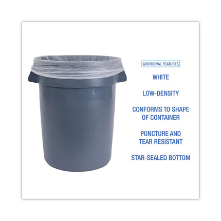 Low-Density Waste Can Liners, 30 gal, 0.5 mil, 30" x 36", White, Perforated Roll, 10 Bags/Roll, 20 Rolls/Carton