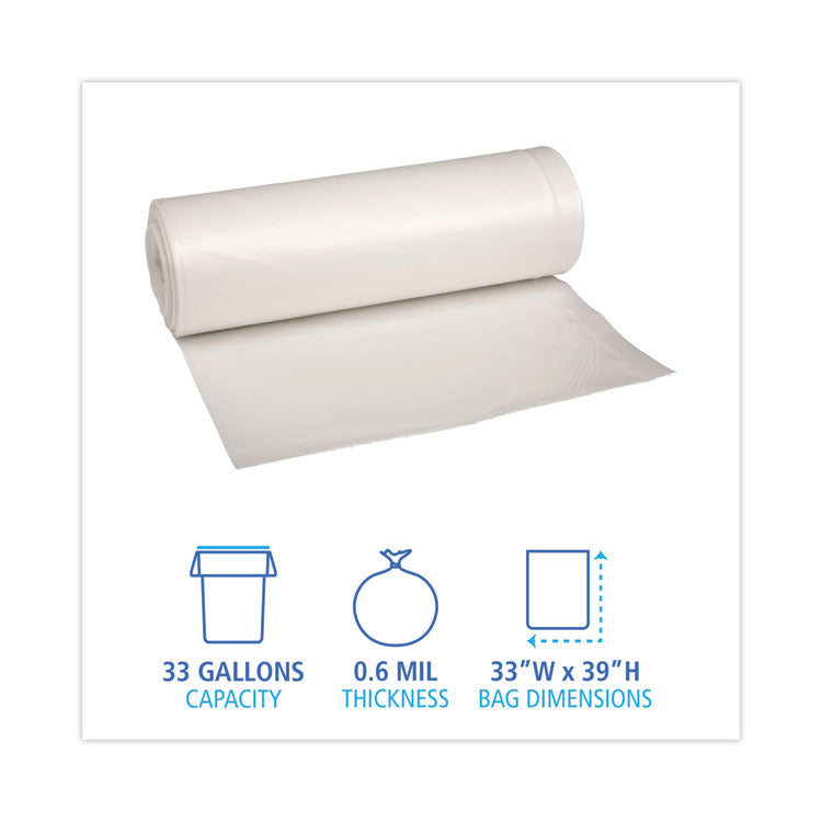 Low-Density Waste Can Liners, 33 gal, 0.6 mil, 33" x 39", White, Perforated Roll, 25 Bags/Roll, 6 Rolls/Carton