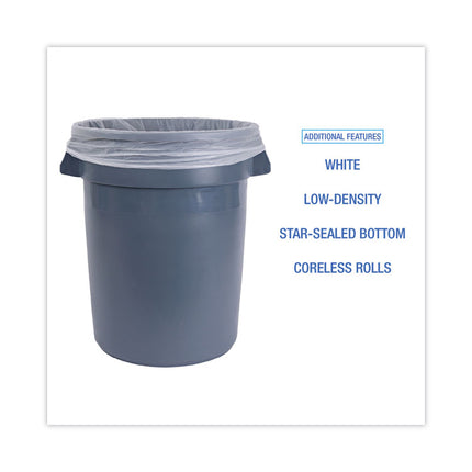 Low-Density Waste Can Liners, 33 gal, 0.6 mil, 33" x 39", White, Perforated Roll, 25 Bags/Roll, 6 Rolls/Carton