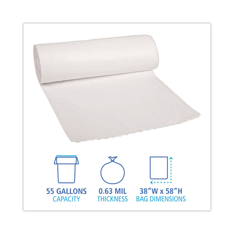 Low-Density Waste Can Liners, 60 gal, 0.5 mil, 38" x 58", White, Perforated Roll, 10 Bags/Roll, 10 Rolls/Carton