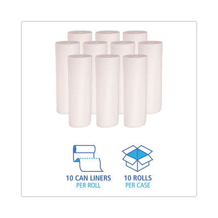 Low-Density Waste Can Liners, 60 gal, 0.5 mil, 38" x 58", White, Perforated Roll, 10 Bags/Roll, 10 Rolls/Carton