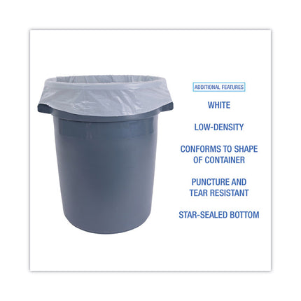 Low-Density Waste Can Liners, 60 gal, 0.5 mil, 38" x 58", White, Perforated Roll, 10 Bags/Roll, 10 Rolls/Carton