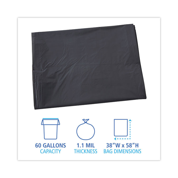 Linear Low Density Industrial Can Liners, 60 gal, 1.1 mil, 38" x 58", Gray, Flat Pack, 100/Carton