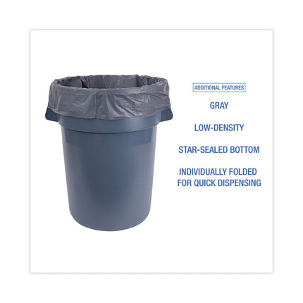 Linear Low Density Industrial Can Liners, 45 gal, 1.1 mil, 40" x 46", Gray, Flat Pack, 100/Carton