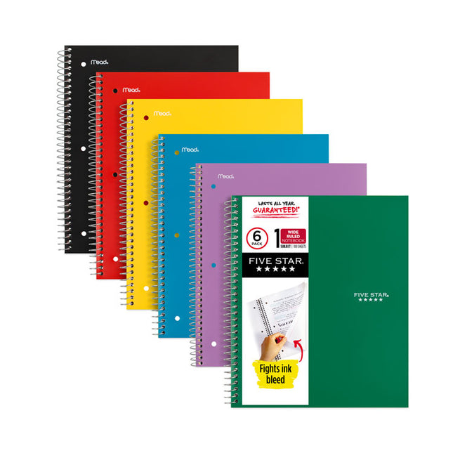 Wirebound Notebook, 1-Subject, Wide/Legal Rule, Assorted Cover Colors (Set 8), (100) 10.5 x 8 Sheets, 6/Pack