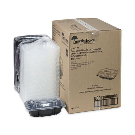 EarthChoice Vented Dual Color Microwavable Hinged Lid Container, 34 oz, 9 x 6 x 3, Black/Clear, Plastic, 140/Carton