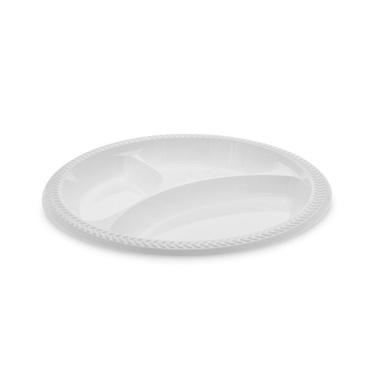 Meadoware Impact Plastic Dinnerware, 3-Compartment Plate, 10.25" dia, White, 500/Carton