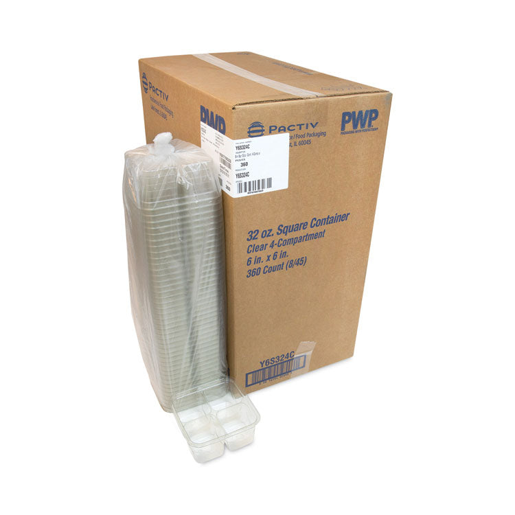 EarthChoice Square Recycled Bowl, 4 Compartments, 32 oz, 6.13 x 6.13 x 2.61, Clear, Plastic, 360/Carton