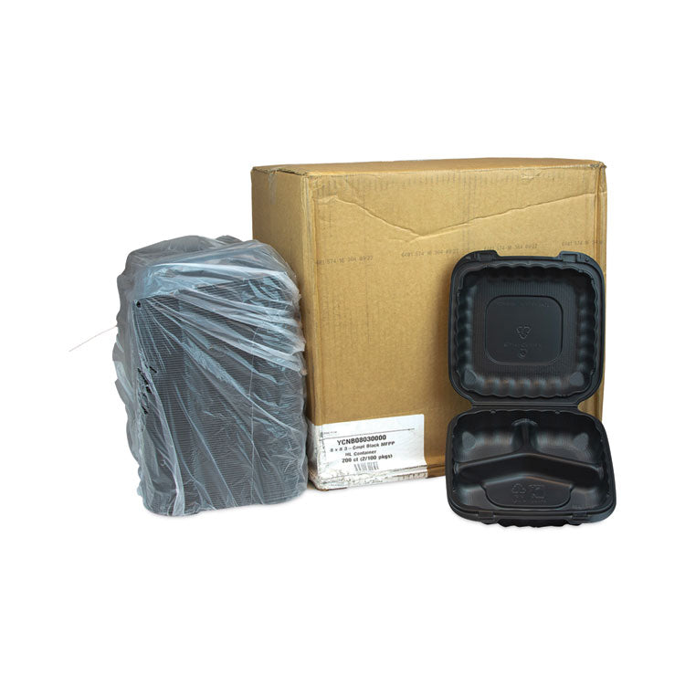 EarthChoice SmartLock Microwavable MFPP Hinged Lid Container, 3 Compartments, 8.3 x 8.3 x 3.4, Black, Plastic, 200/Carton