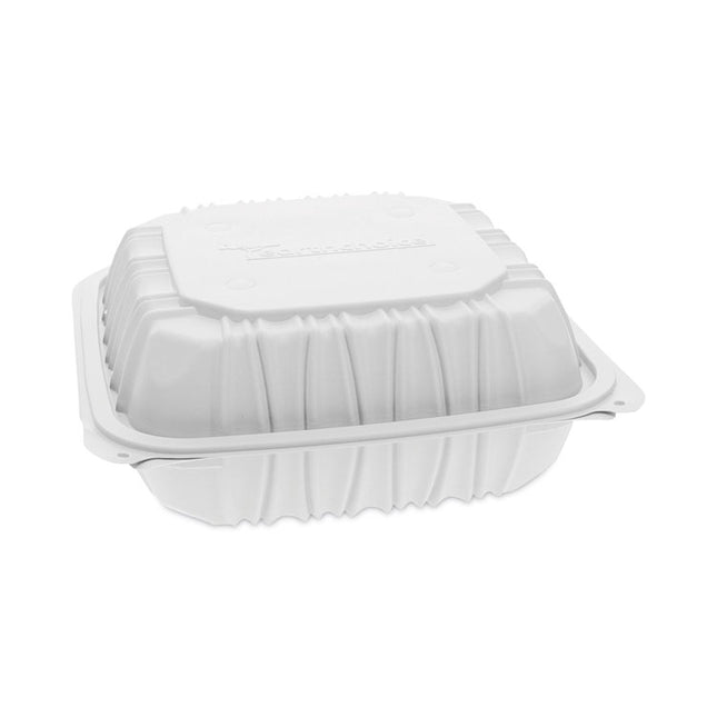 EarthChoice Vented Microwavable MFPP Hinged Lid Container, 3 Compartments, 8.5 x 8.5 x 3.1, White, Plastic, 146/Carton