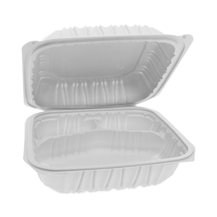EarthChoice Vented Microwavable MFPP Hinged Lid Container, 3 Compartments, 8.5 x 8.5 x 3.1, White, Plastic, 146/Carton