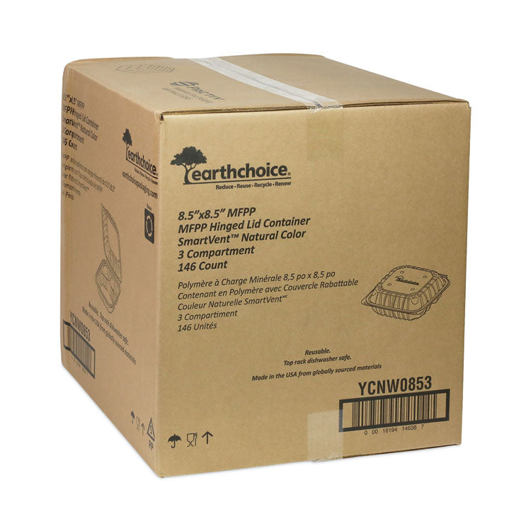 EarthChoice Vented Microwavable MFPP Hinged Lid Container, 3 Compartments, 8.5 x 8.5 x 3.1, White, Plastic, 146/Carton