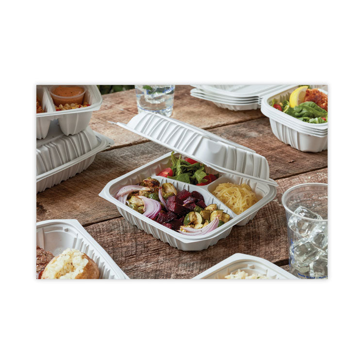 EarthChoice Vented Microwavable MFPP Hinged Lid Container, 3 Compartments, 8.5 x 8.5 x 3.1, White, Plastic, 146/Carton