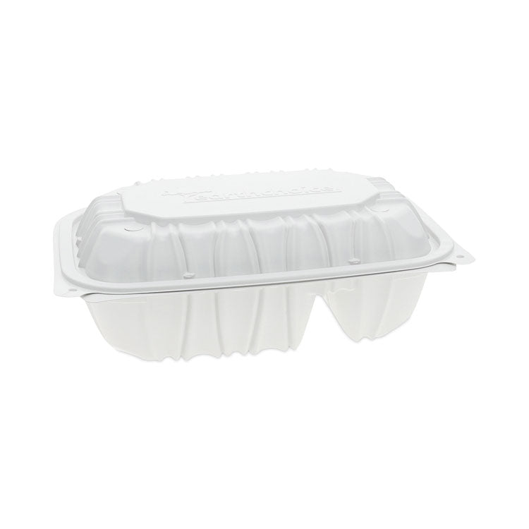 EarthChoice Vented Microwavable MFPP Hinged Lid Container, 2 Compartments, 9 x 6 x 3.1, White, Plastic, 170/Carton