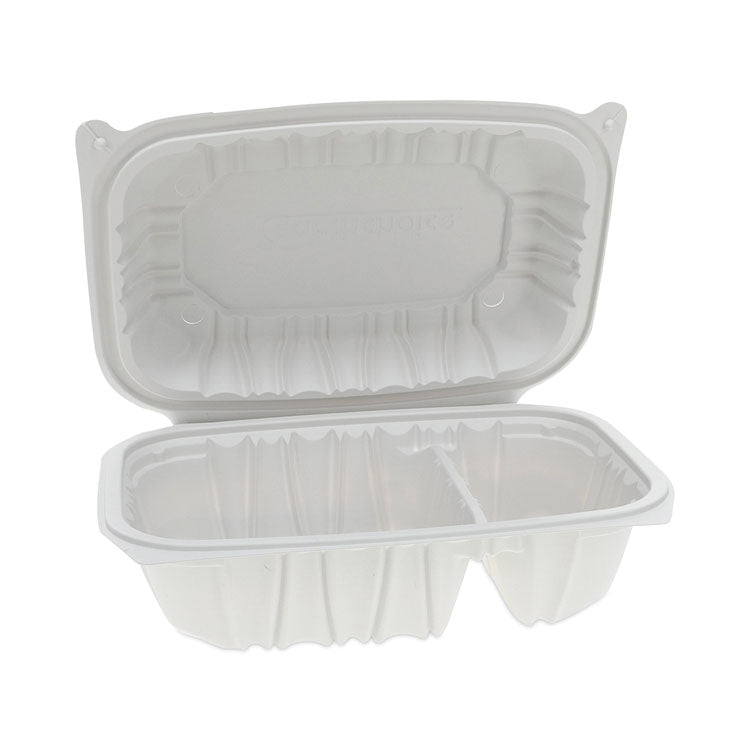 EarthChoice Vented Microwavable MFPP Hinged Lid Container, 2 Compartments, 9 x 6 x 3.1, White, Plastic, 170/Carton
