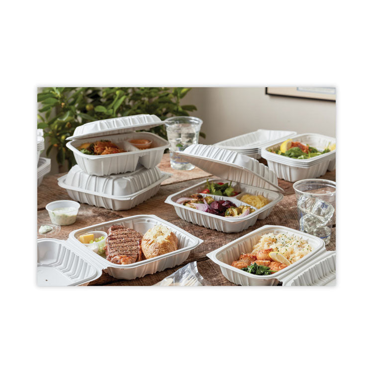 EarthChoice Vented Microwavable MFPP Hinged Lid Container, 2 Compartments, 9 x 6 x 3.1, White, Plastic, 170/Carton