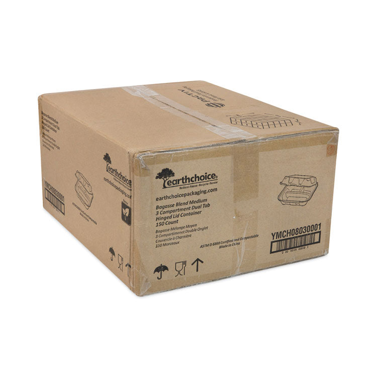 EarthChoice Bagasse Hinged Lid Container, 3 Compartments, Dual Tab Lock, 7.8 x 7.8 x 2.8, Natural, Sugarcane, 150/Carton
