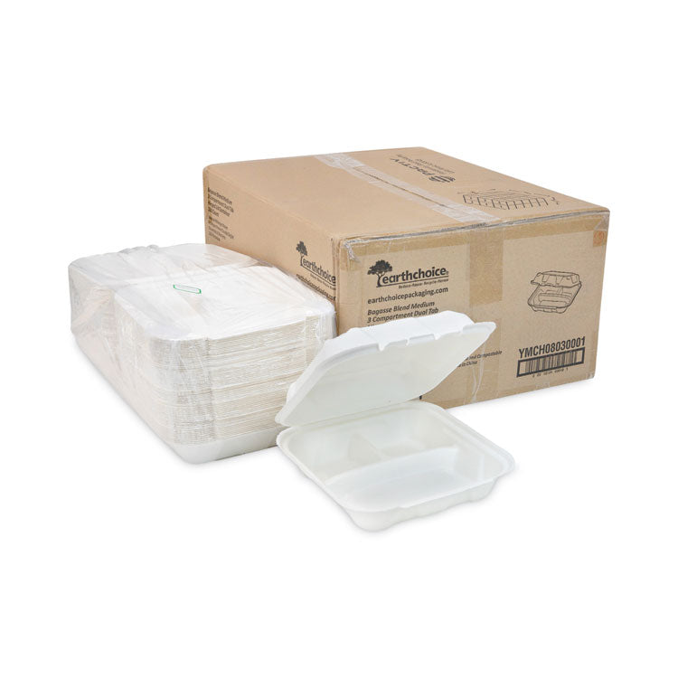 EarthChoice Bagasse Hinged Lid Container, 3 Compartments, Dual Tab Lock, 7.8 x 7.8 x 2.8, Natural, Sugarcane, 150/Carton
