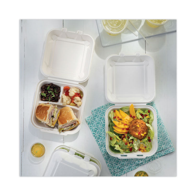 EarthChoice Bagasse Hinged Lid Container, 3 Compartments, Dual Tab Lock, 7.8 x 7.8 x 2.8, Natural, Sugarcane, 150/Carton