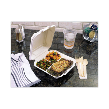 EarthChoice Bagasse Hinged Lid Container, 3 Compartments, Dual Tab Lock, 7.8 x 7.8 x 2.8, Natural, Sugarcane, 150/Carton