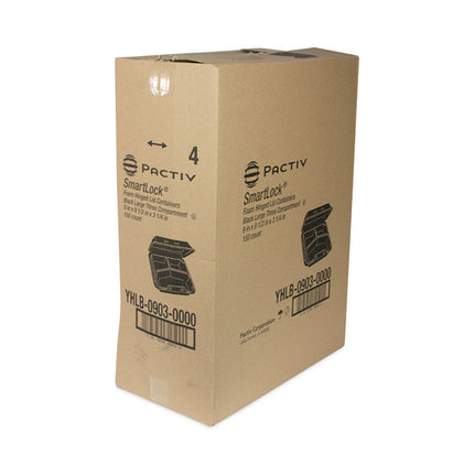 SmartLock Foam Hinged Lid Container, Large, 3 Compartments, 9 x 9.5 x 3.25, Black, 150/Carton