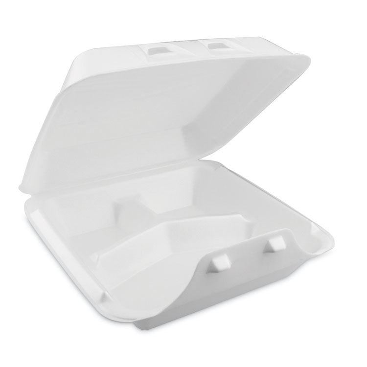 SmartLock Foam Hinged Lid Container, Large, 3 Compartments, 9 x 9.25 x 3.25, White, 150/Carton