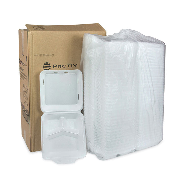 SmartLock Vented Foam Hinged Lid Container, 3 Compartments, 9 x 9.25 x 3.25, White, 150/Carton