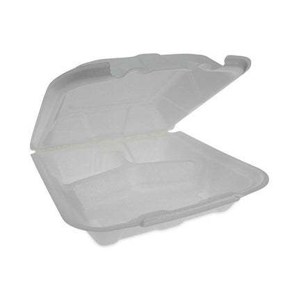 Vented Foam Hinged Lid Container, Dual Tab Lock Economy, 3 Compartments, 9.13 x 9 x 3.25, White, 150/Carton
